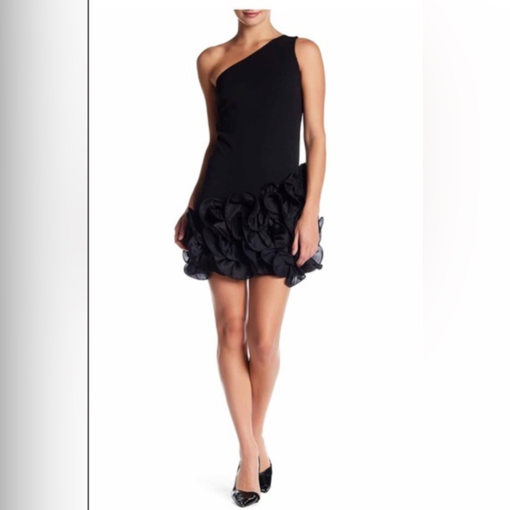 Jessica Simpson NWT One Shoulder Black Ruffle Petal Appliqué Hem Lined Dress S4